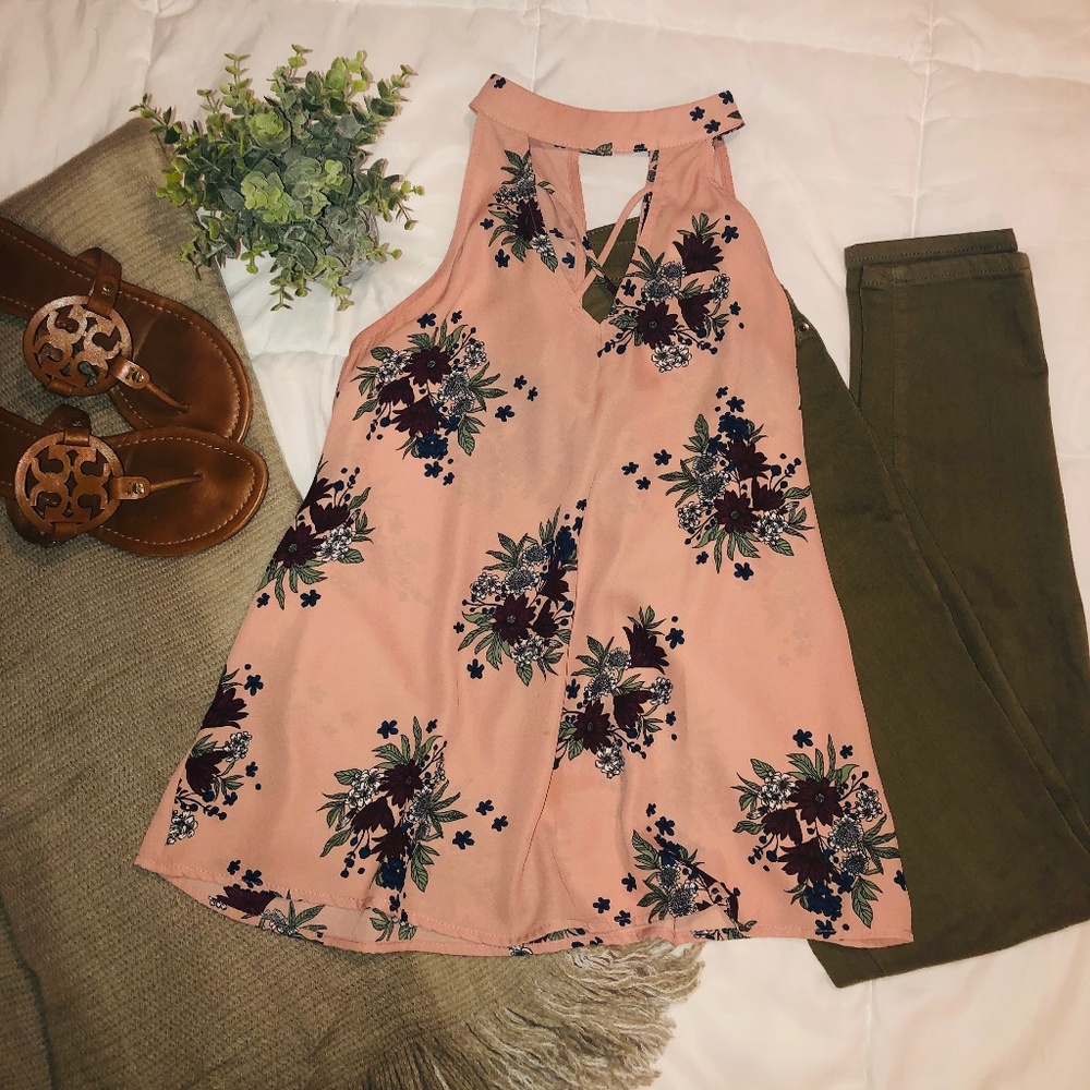 Blue Rain - High Neck - Criss Cross -  Floral Tank